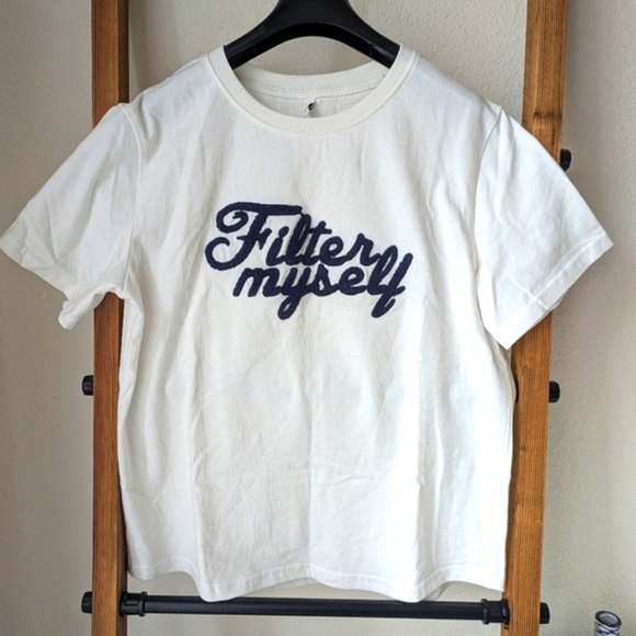 Kanz White T-Shirt with Embroidery Statement "Filter Myself" - Picture 1 of 3